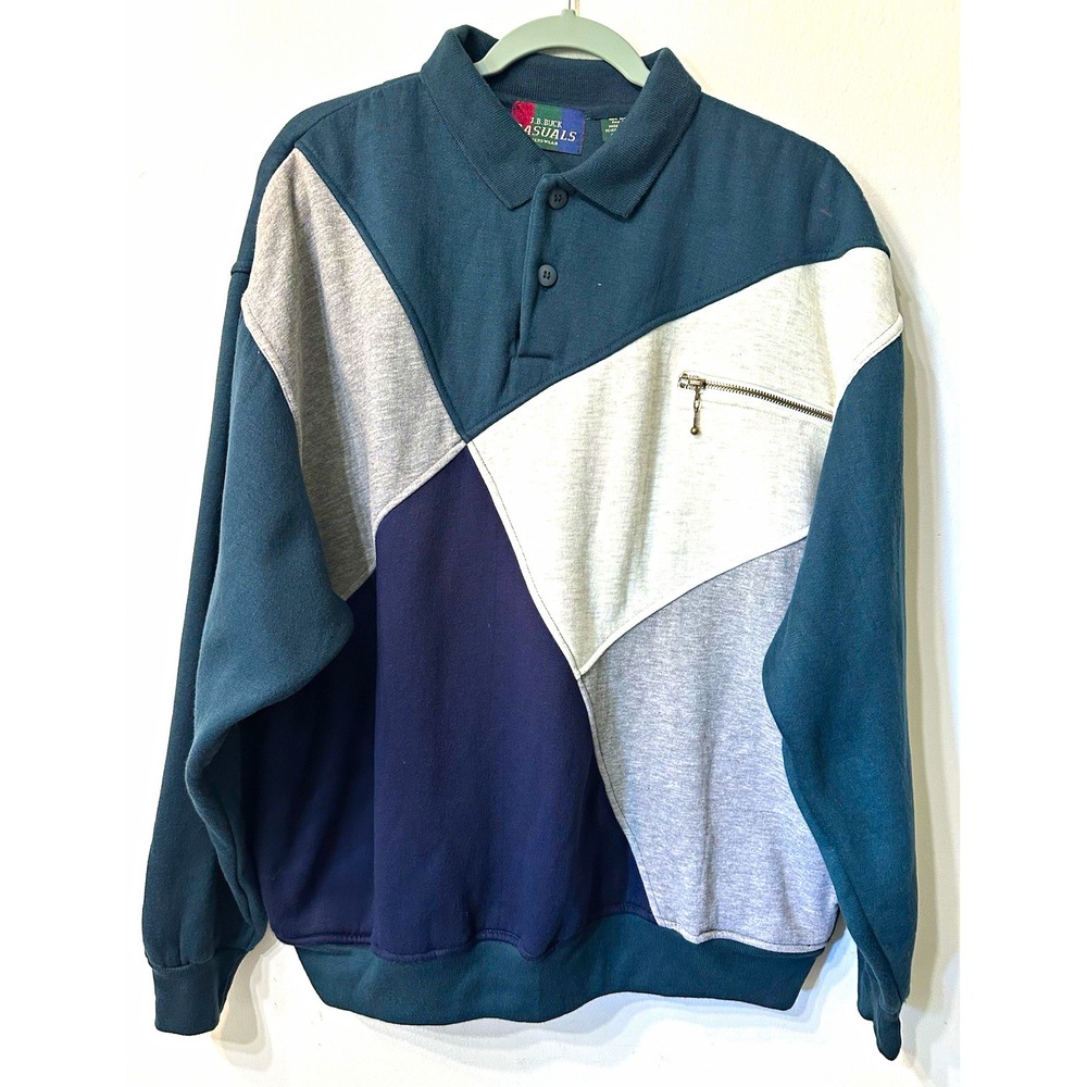 Vintage 90s JB Buck Casuals Colorblock Polo Sweatshirt Fleece Mens 2XL Pullover